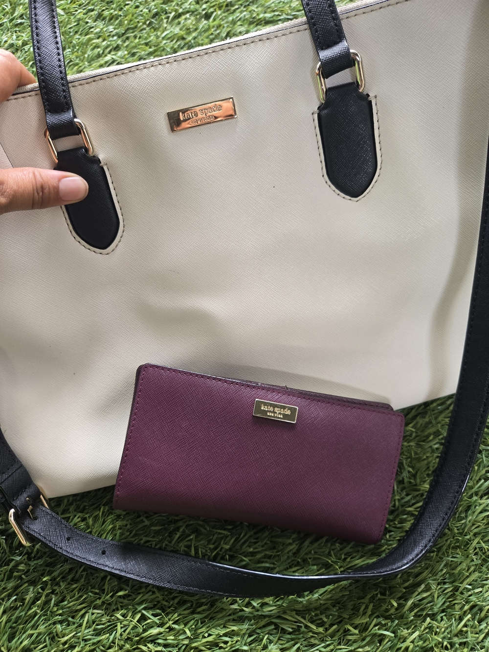 kate spade Cream and Black Tote with Plum Wallet